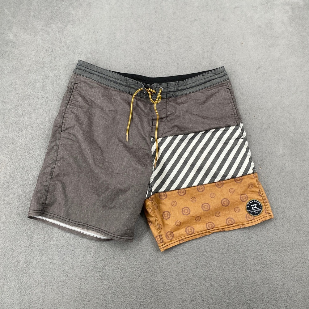 Billabong Mens Patchwork Board Shorts Size 34 Gray Striped M1253PUM Swim Trunks
